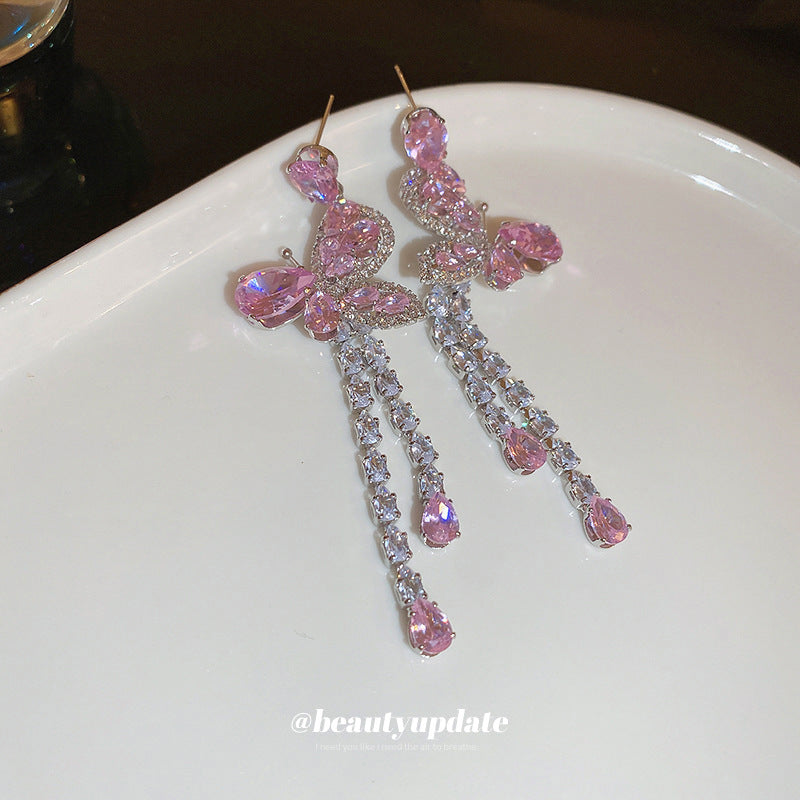 Wholesale Silver zircon pink butterfly water drop sweet long tassel earrings